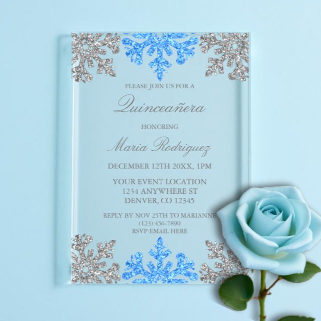 Silver Blue Snowflake Winter Quinceanera Acrylic Invitations (Creator Uploaded)