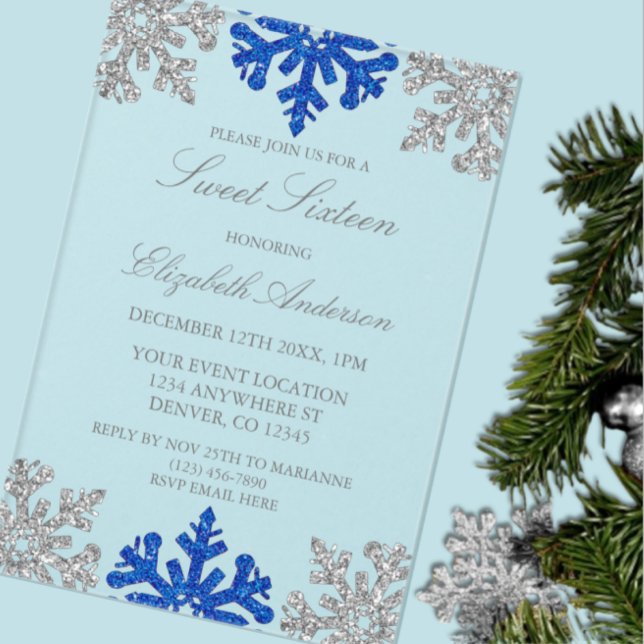 Silver Blue Snowflake Winter Sweet 16 Acrylic Invitations (Creator Uploaded)