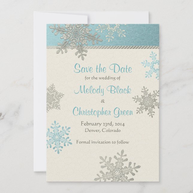 Silver Blue Snowflake Winter Wedding Save the Date (Front)