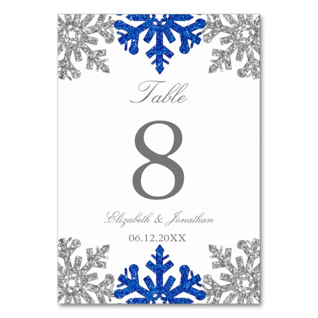 Silver Blue Snowflake Winter Wedding Table Number (Front)