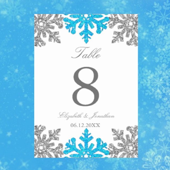 Silver Blue Snowflake Winter Wedding Table Number (Creator Uploaded)