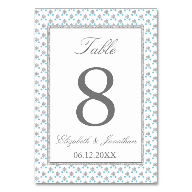 Silver Blue Snowflake Winter Wedding Table Number (Front)