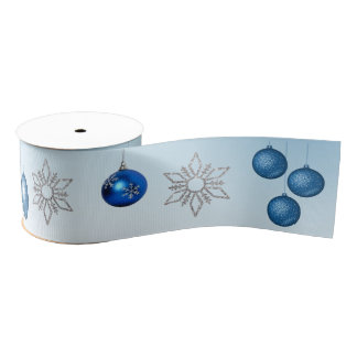 Silver & blue snowflakes and ornaments Christmas Grosgrain Ribbon
