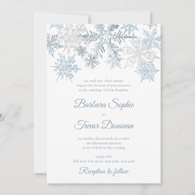 Silver Blue Snowflakes Christmas Winter Wedding Invitation (Front)