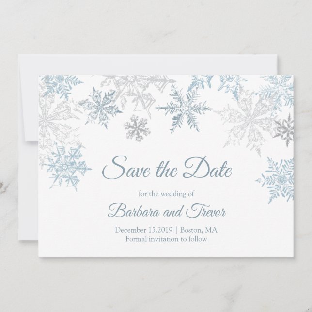 Silver Blue Snowflakes Christmas Winter Wedding Save The Date (Front)