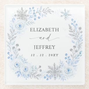 Silver Blue Snowflakes Floral Winter Wedding Glass Coaster