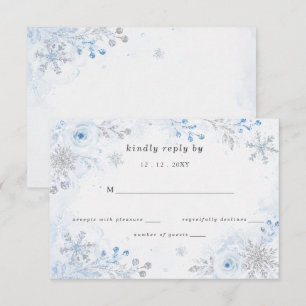 Silver Blue Snowflakes Floral Winter Wedding RSVP Card
