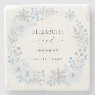 Silver Blue Snowflakes Floral Winter Wedding Stone Coaster