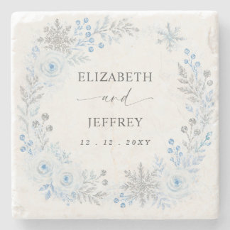 Silver Blue Snowflakes Floral Winter Wedding Stone Coaster