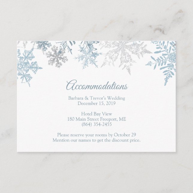 Silver Blue Snowflakes Winter Accommodations Enclosure Card (Front)