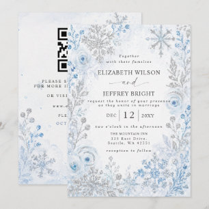 Silver Blue Snowflakes Winter QR Code Wedding Invitation