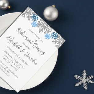 Silver Blue Snowflakes Winter Rehearsal Dinner Invitation