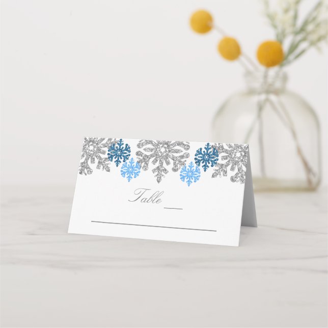 Silver Blue Snowflakes Winter Wedding Place Card (Front)