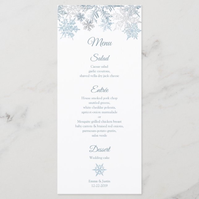 Silver Blue Snowflakes Winter Wedding Rackcard Menu (Front)