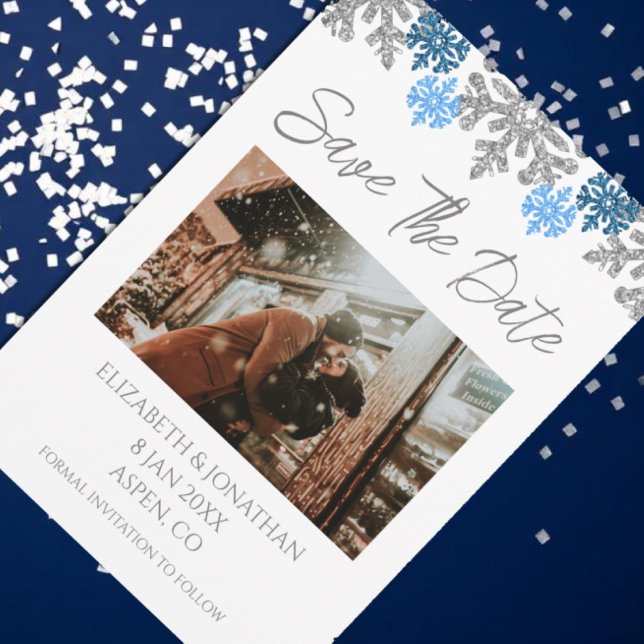 Silver Blue Snowflakes Winter Wedding Save The Date (Creator Uploaded)