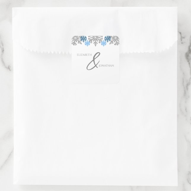 Silver Blue Snowflakes Winter Wedding Square Sticker (Bag)