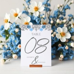 Silver Blue Snowflakes Winter Wedding Table Number