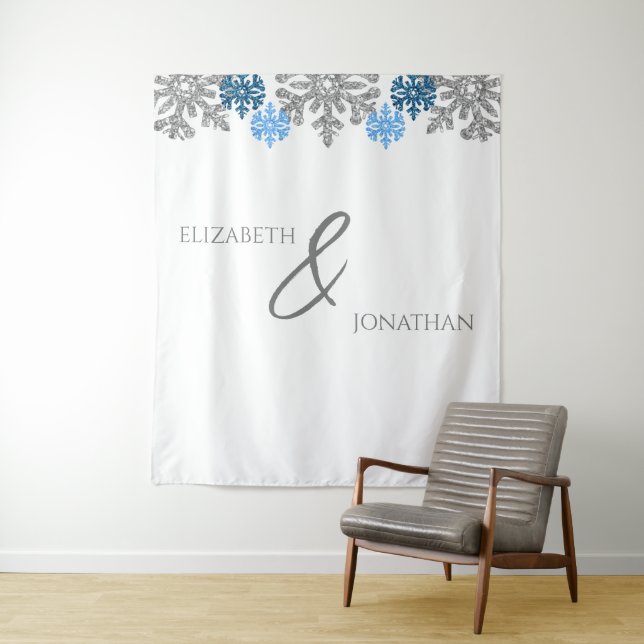 Silver Blue Snowflakes Winter Wedding Tapestry (In Situ)
