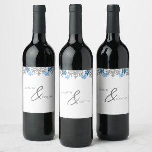 Silver Blue Snowflakes Winter Wedding Wine Label