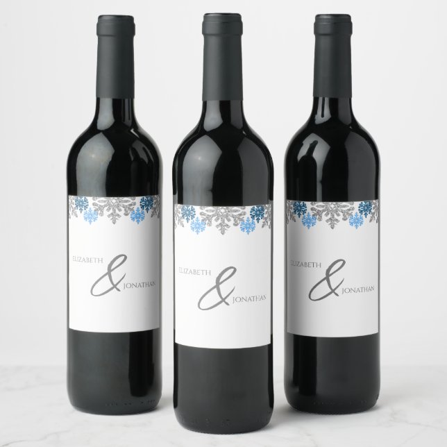 Silver Blue Snowflakes Winter Wedding Wine Label (Bottles)