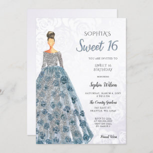 Silver Blue Sparkle Dress Sweet 16 birthday Invita Invitation