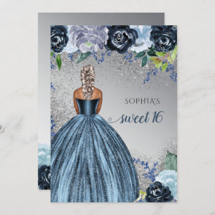 Silver Blue Sparkle Dress Sweet 16 birthday Invitation