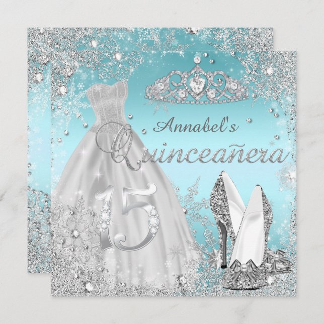 Silver & Blue Sparkle Dress & Tiara Quinceanera Invitation (Front/Back)