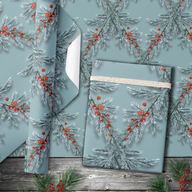 Silver Blue Spruce Red Berries Lattice Blue Wrapping Paper (Creator Uploaded)