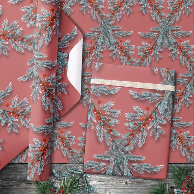 Silver Blue Spruce Red Berries Lattice Salmon Pink Wrapping Paper (Creator Uploaded)