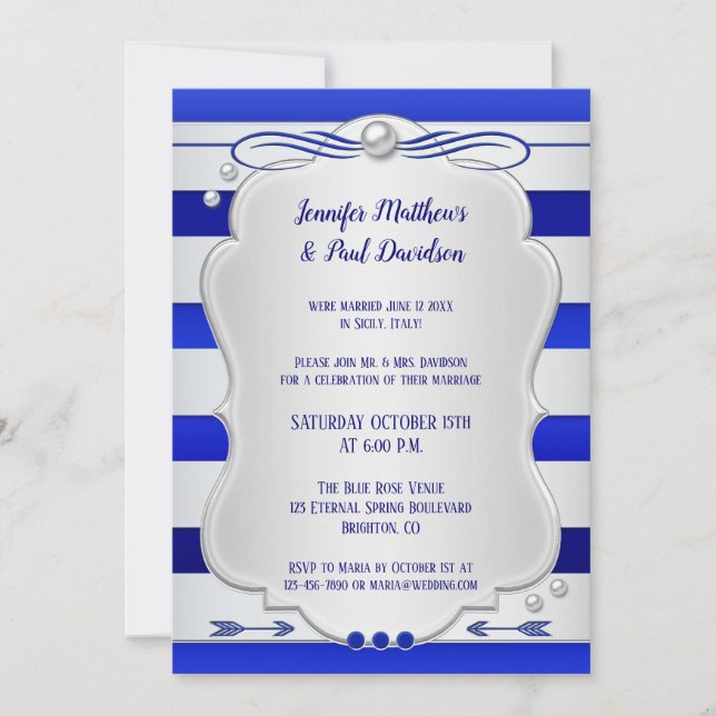 Silver Blue Striped Post Wedding Party Invitation (Front)
