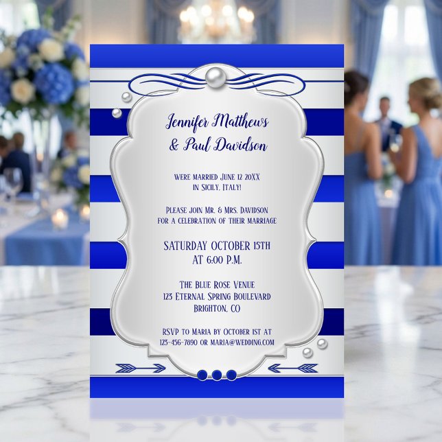 Silver Blue Striped Post Wedding Party Invitation (Post wedding party invitation featuring a silver with navy and royal blue stripe with tiny pearls)