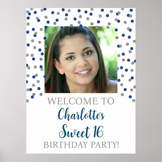 Silver Blue Sweet 16 Birthday 18x24 Photo Poster (Front)