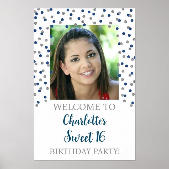 Silver Blue Sweet 16 Birthday Custom 12x18 Photo Poster (Front)
