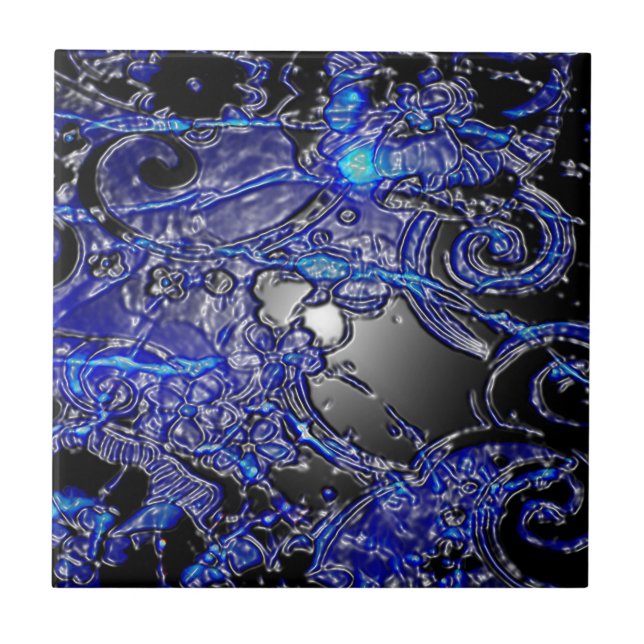 Silver Blue Swirl Abstract Ceramic Tile (Front)