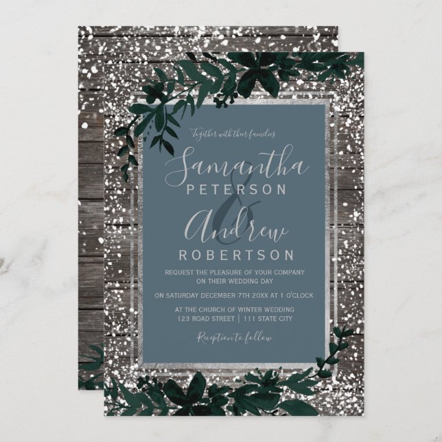 Silver blue typography leaf snow wood wedding invitation (Front/Back)