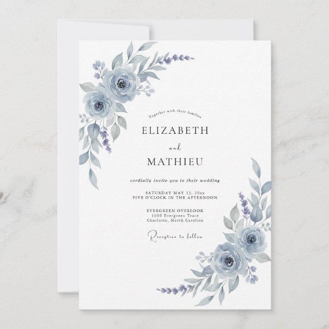 Silver Blue Watercolor Floral Wedding Invitation (Front)