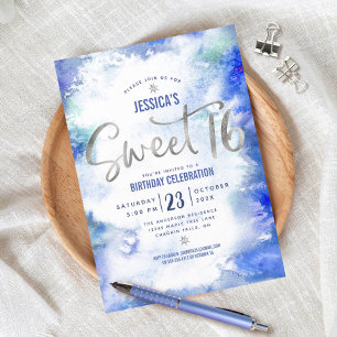 Silver Blue Watercolor Sweet 16 Birthday Modern Invitation