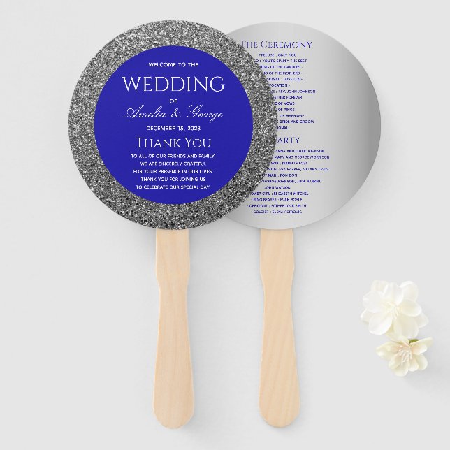 Silver Blue Wedding Program Hand Fan (Front and Back)