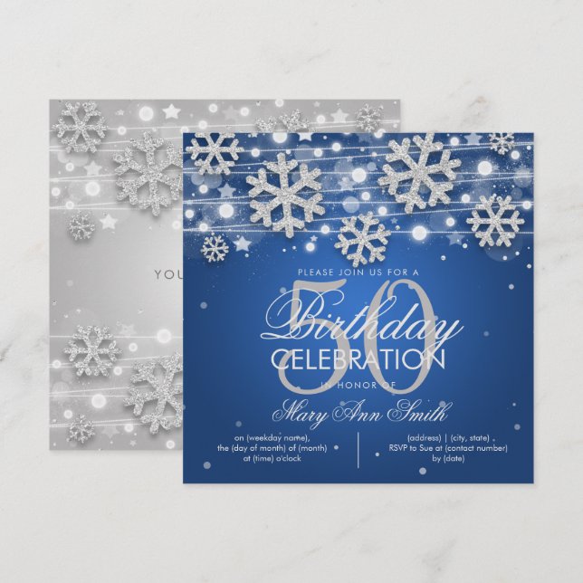 Silver Blue Winter Glitter 50th Birthday Party Invitation (Front/Back)