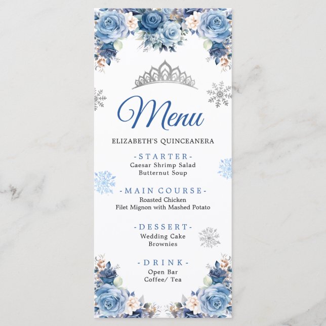 Silver Blue Winter Magical Snowflake Mis Quince Menu (Front)