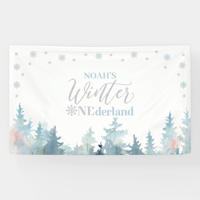 Silver & Blue Winter Onederland 1st Birthday Party Banner (Horizontal)