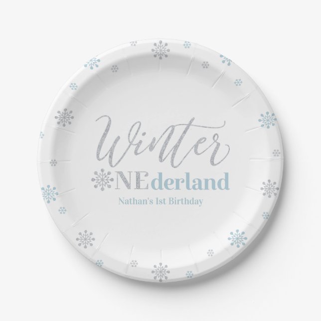 Silver & Blue Winter Onederland 1st Birthday Party Paper Plate (Front)