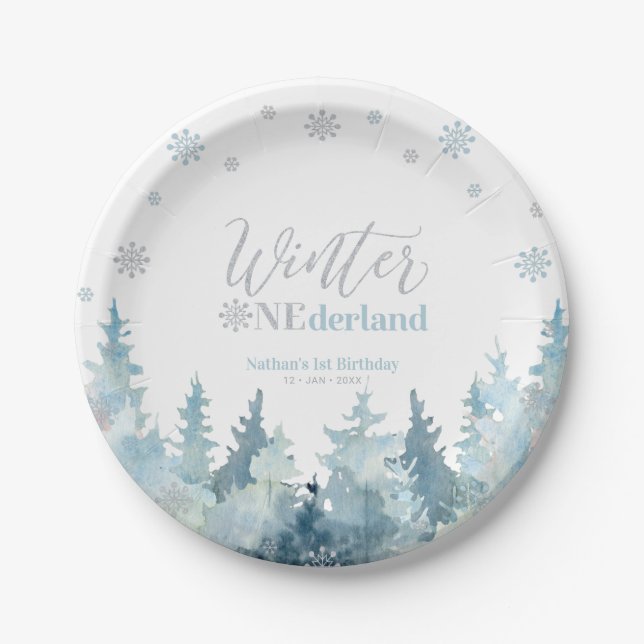 Silver & Blue Winter Onederland Snow 1st Birthday Paper Plate (Front)