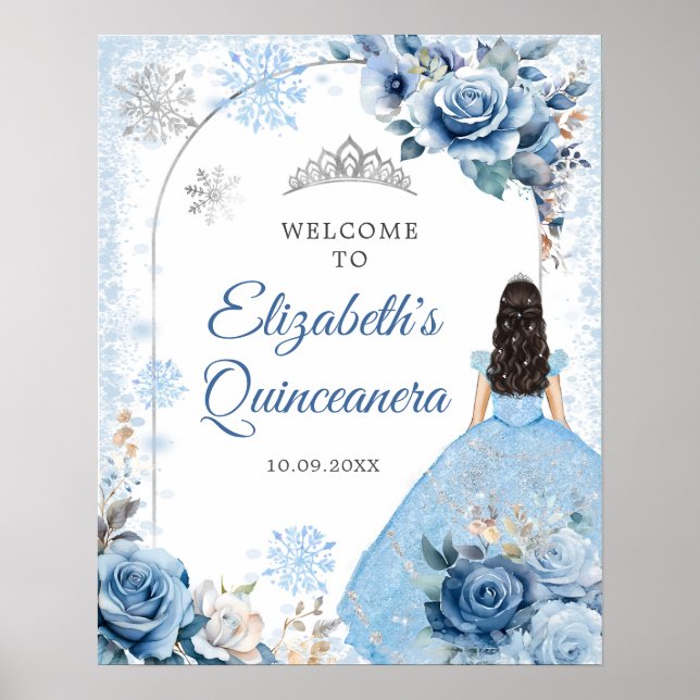 Silver Blue Winter Snowflake Mis Quince Welcome Poster (Front)