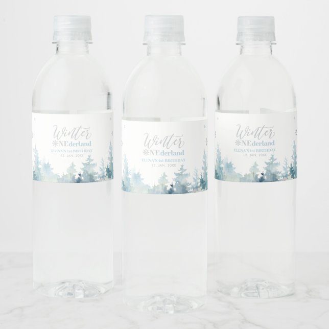 Silver & Blue Winter Wonderland 1st Birthday Party Water Bottle Label (Bottles)
