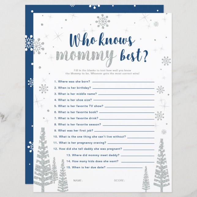 Silver & Blue Winter Wonderland Baby Shower Game (Front/Back)