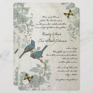 Silver Blue Yellow Butterflies & Birds Wedding Invitation