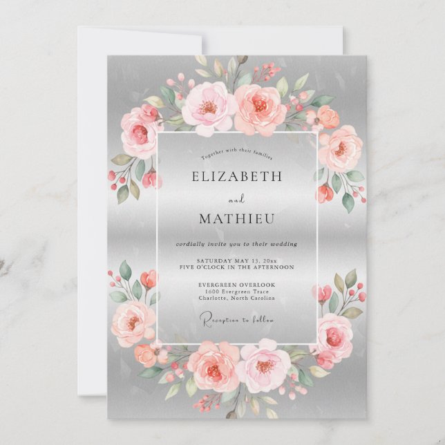 Silver Blush Coral Petal Wedding Invitation (Front)