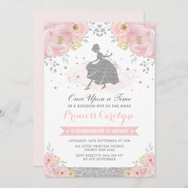 Silver Blush Floral Princess Cinderella Birthday Invitation (Front/Back)