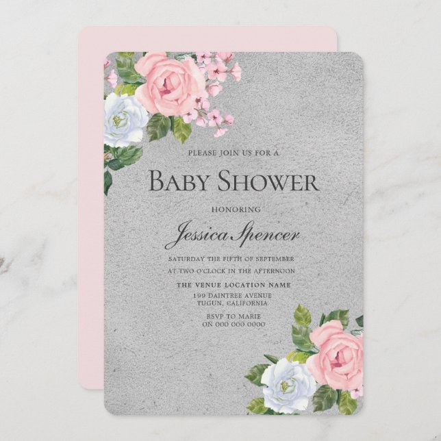 Silver & Blush Flowers Baby Shower Invite (Front/Back)